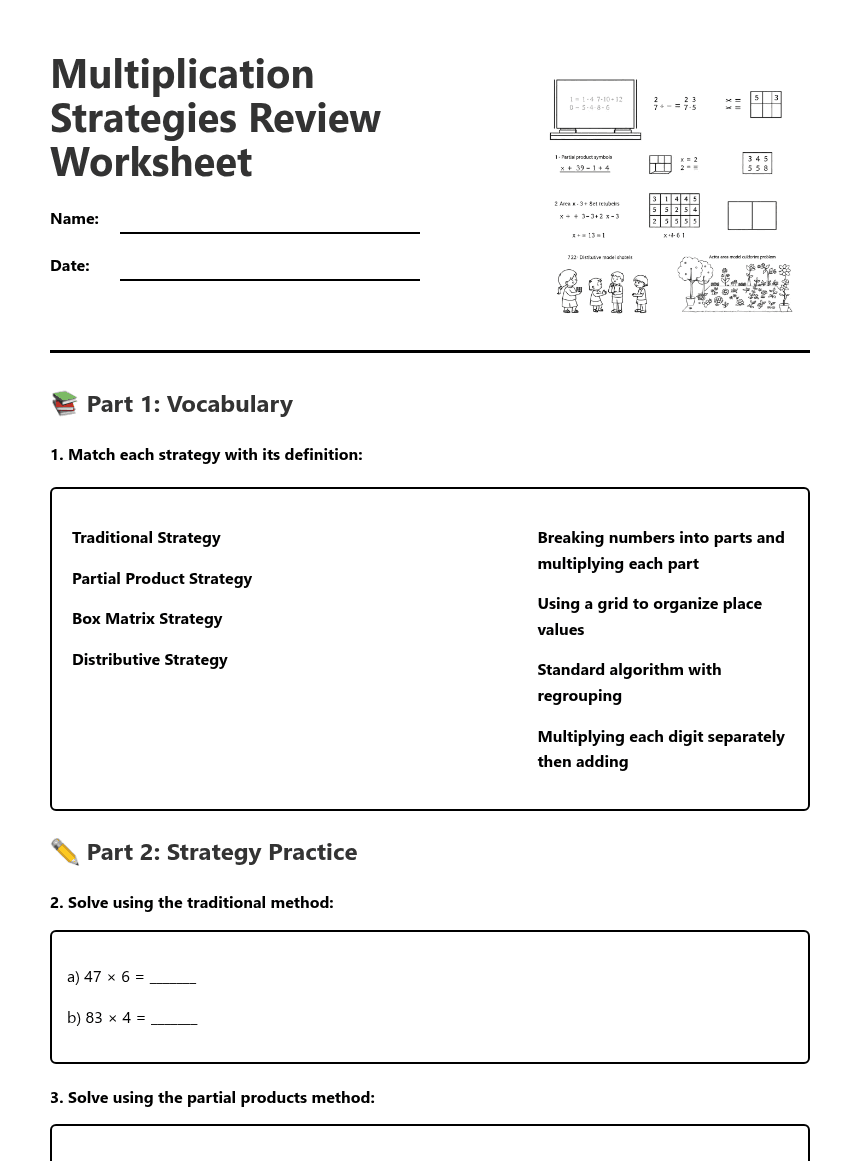 Multiplication Strategies Review Worksheet worksheet preview