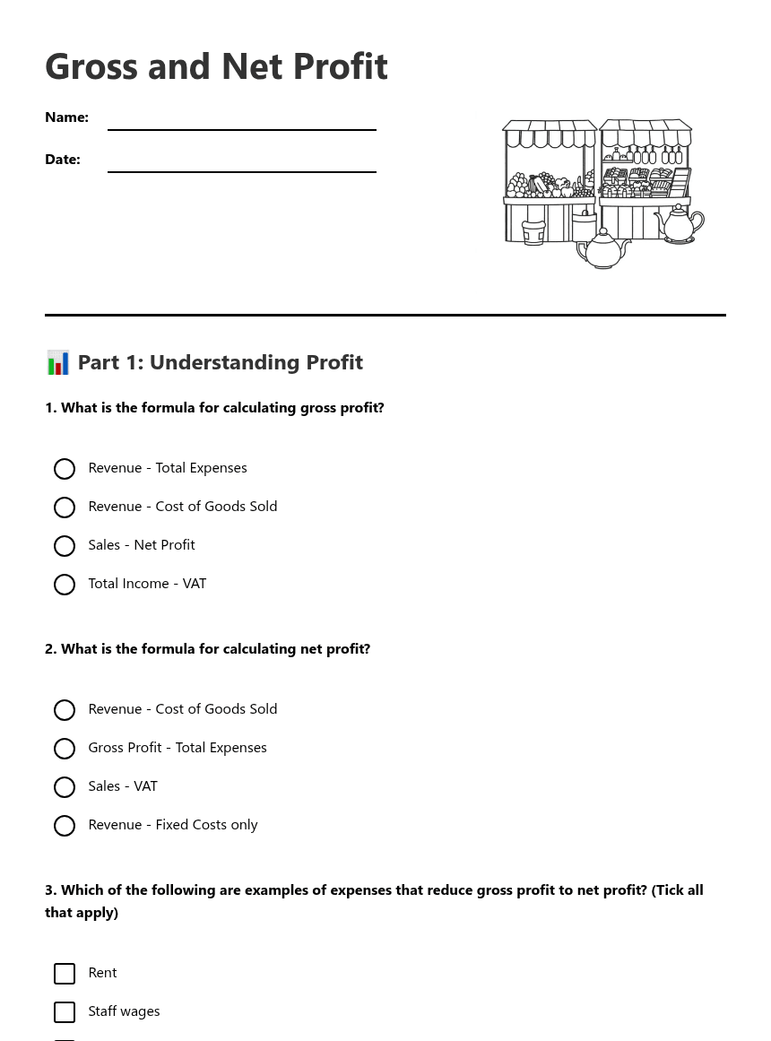 Gross and Net Profit worksheet preview