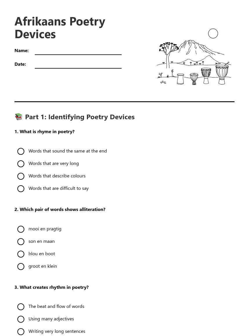 Afrikaans Poetry Devices worksheet preview