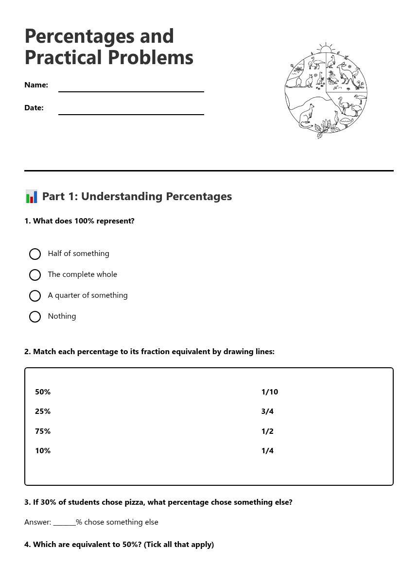 Percentages and Practical Problems worksheet preview