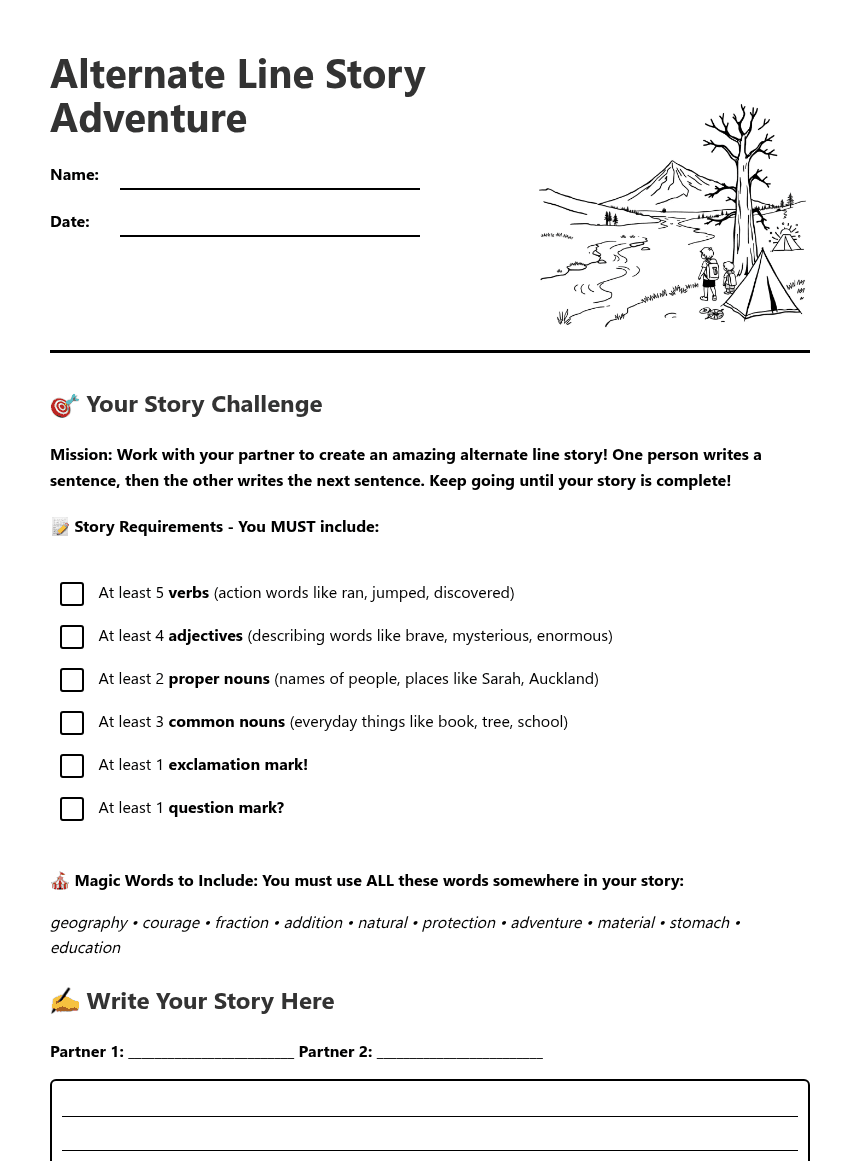 Alternate Line Story Adventure worksheet preview