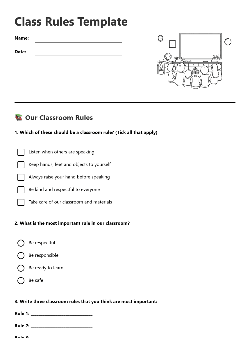 Class Rules Template worksheet preview