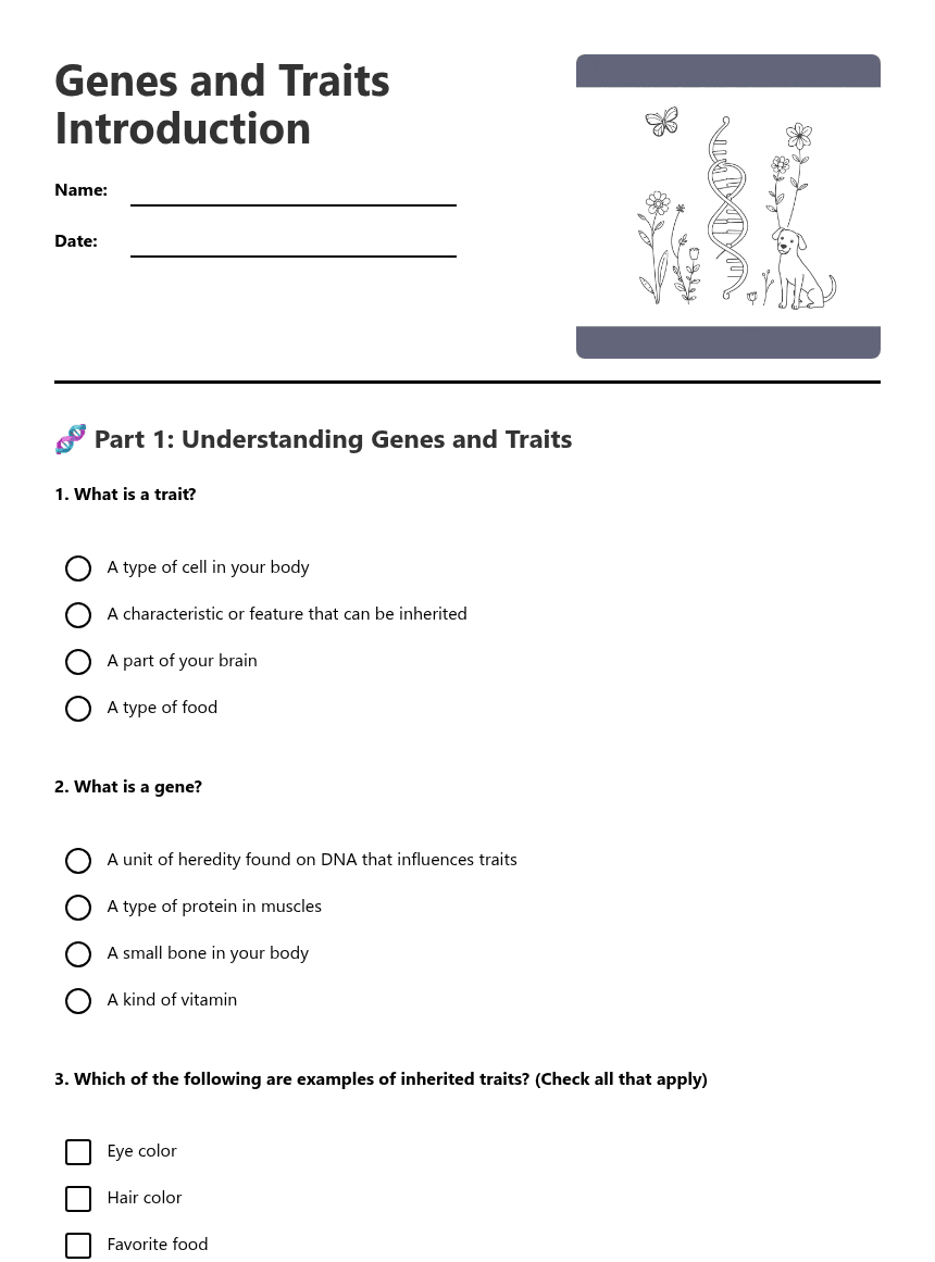 Genes and Traits Introduction worksheet preview
