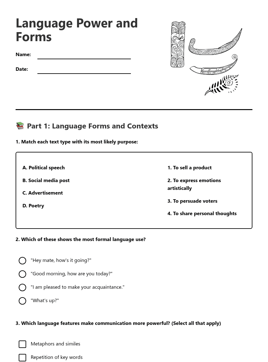 Language Power and Forms worksheet preview