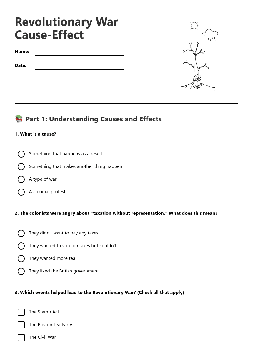 Revolutionary War Cause-Effect worksheet preview
