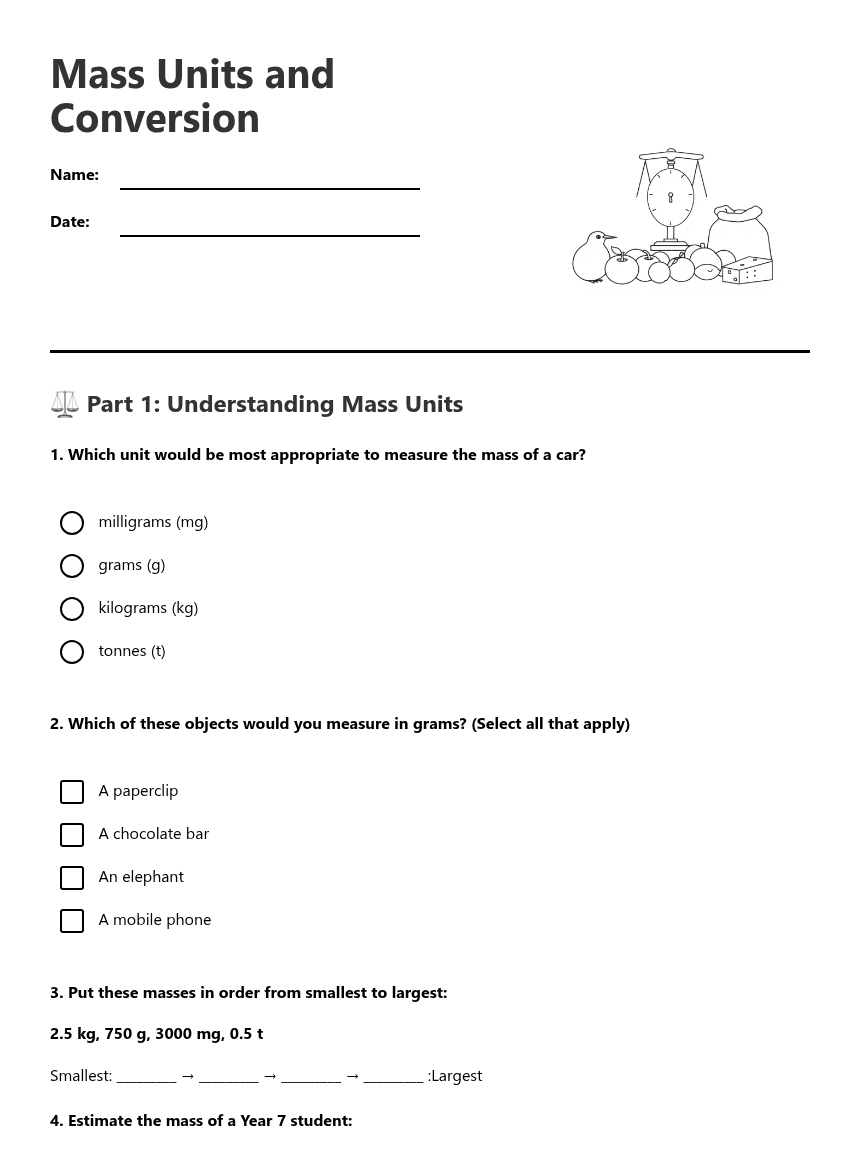 Mass Units and Conversion worksheet preview