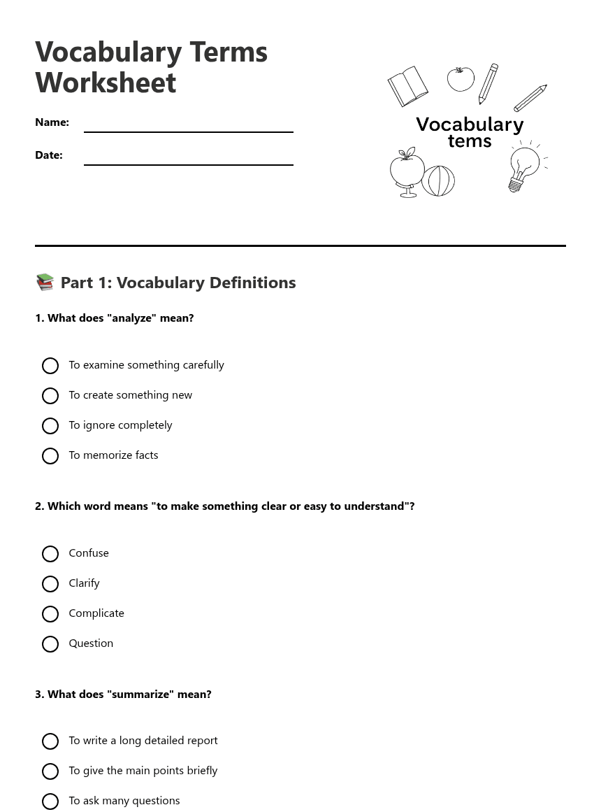 Vocabulary Terms Worksheet worksheet preview