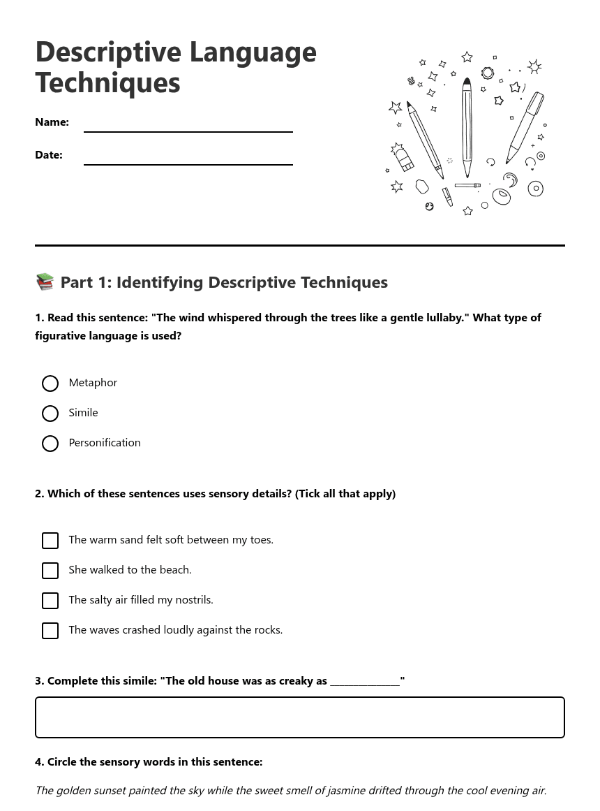 Descriptive Language Techniques worksheet preview