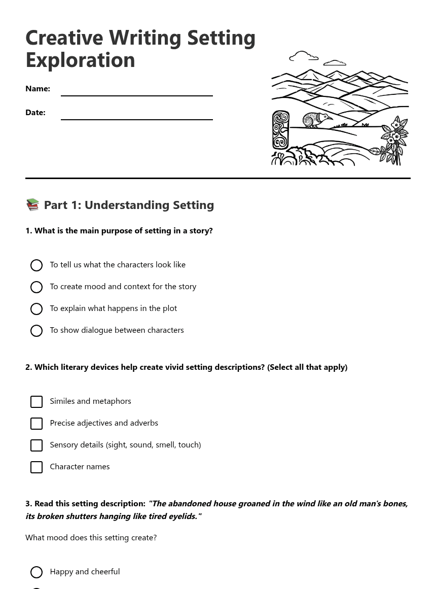 Creative Writing Setting Exploration worksheet preview