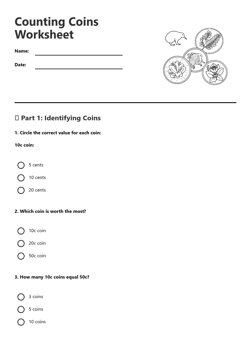 Counting Coins Worksheet worksheet preview