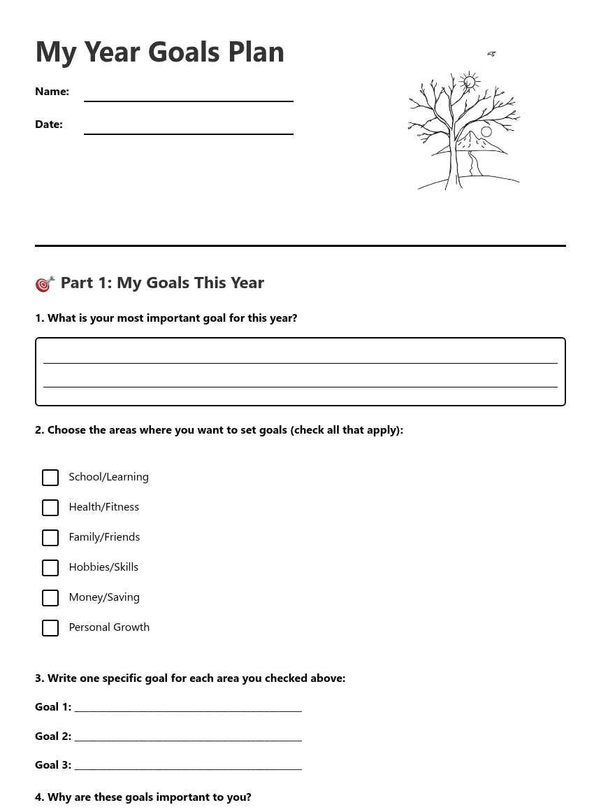 My Year Goals Plan worksheet preview