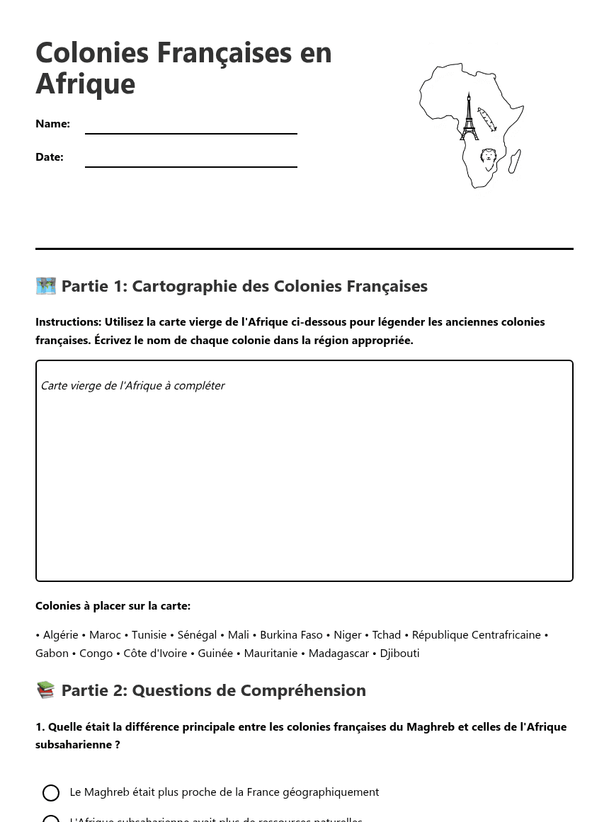 Colonies Françaises en Afrique worksheet preview