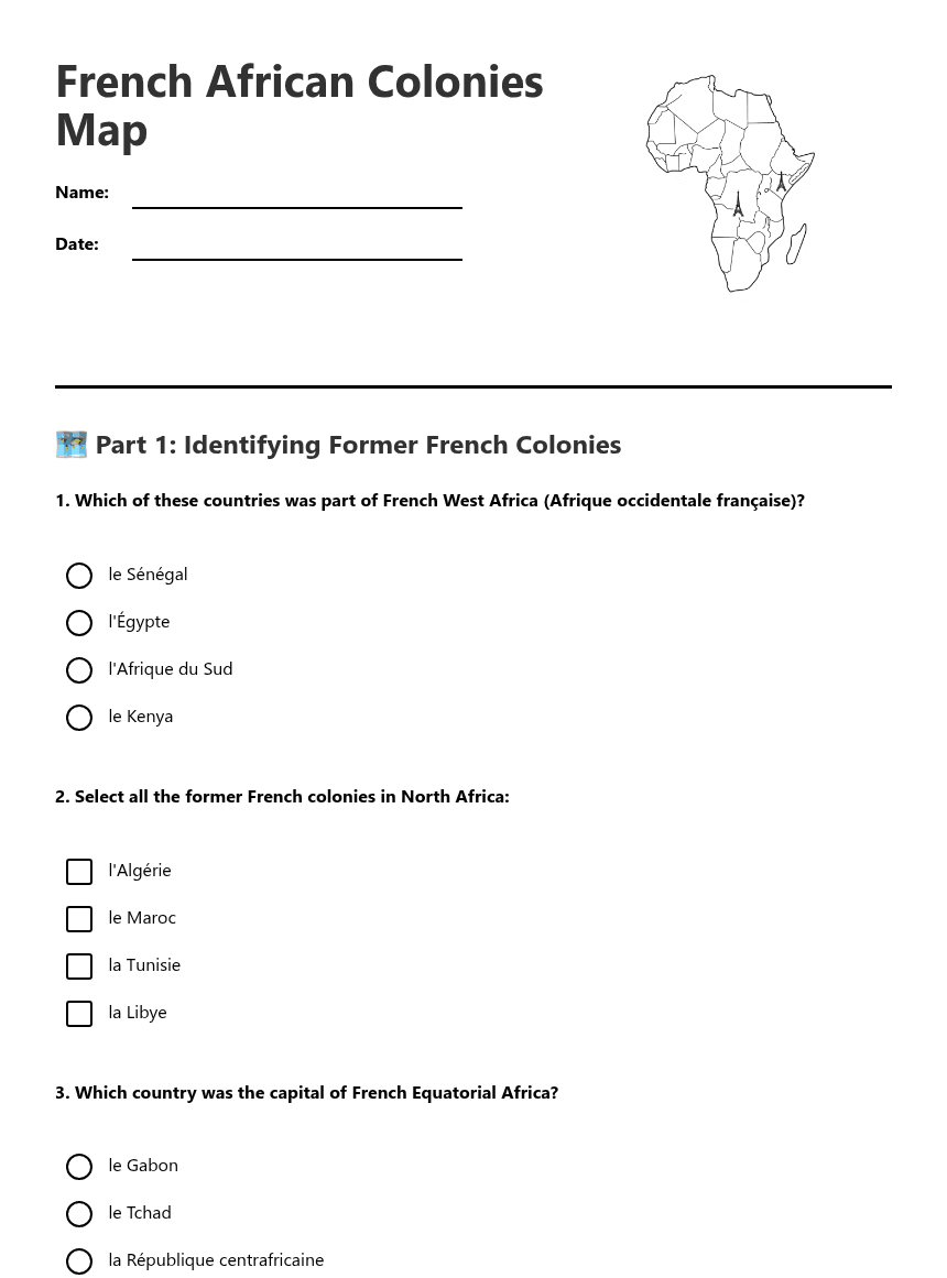 French African Colonies Map worksheet preview