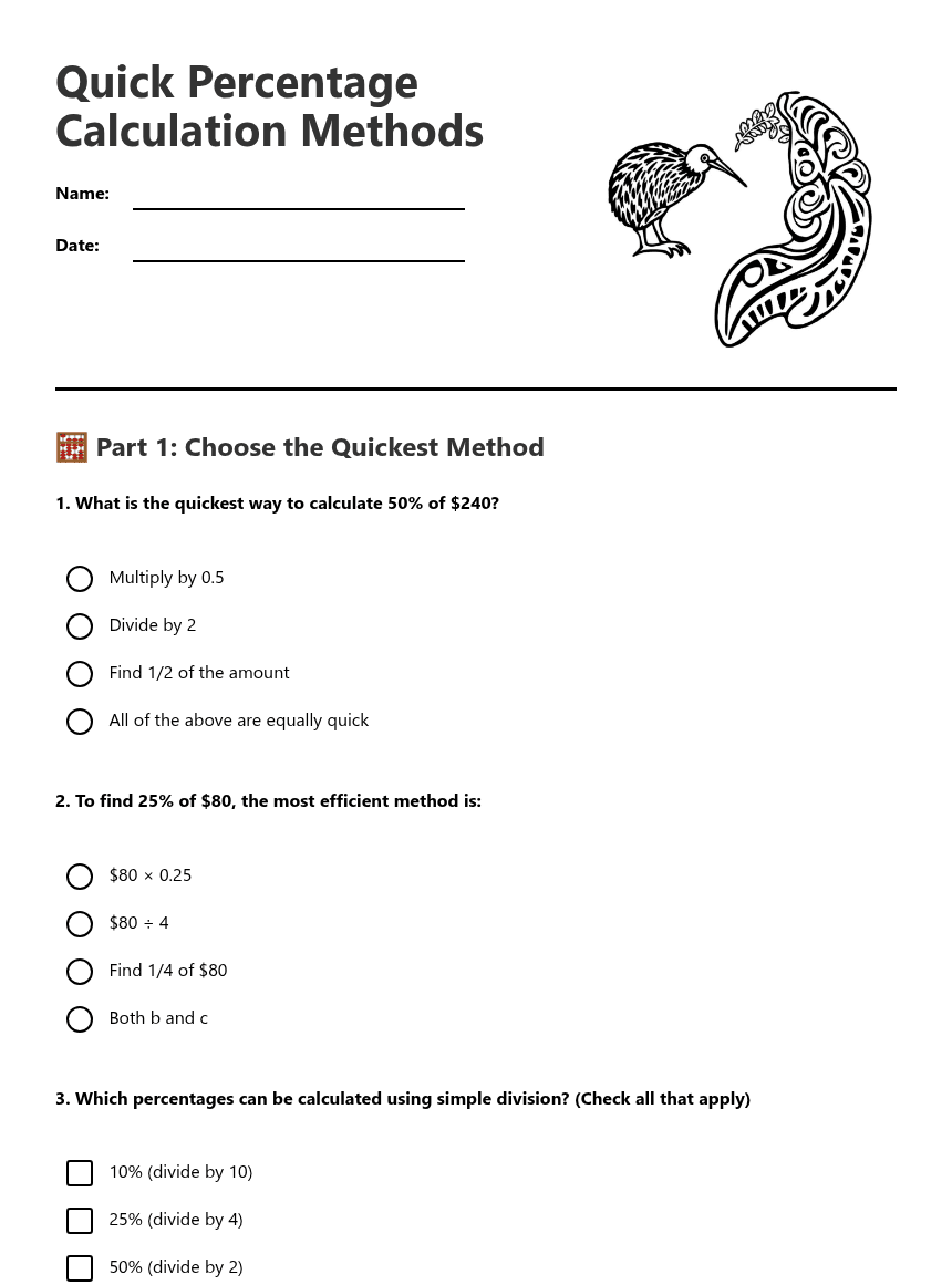 Quick Percentage Calculation Methods worksheet preview
