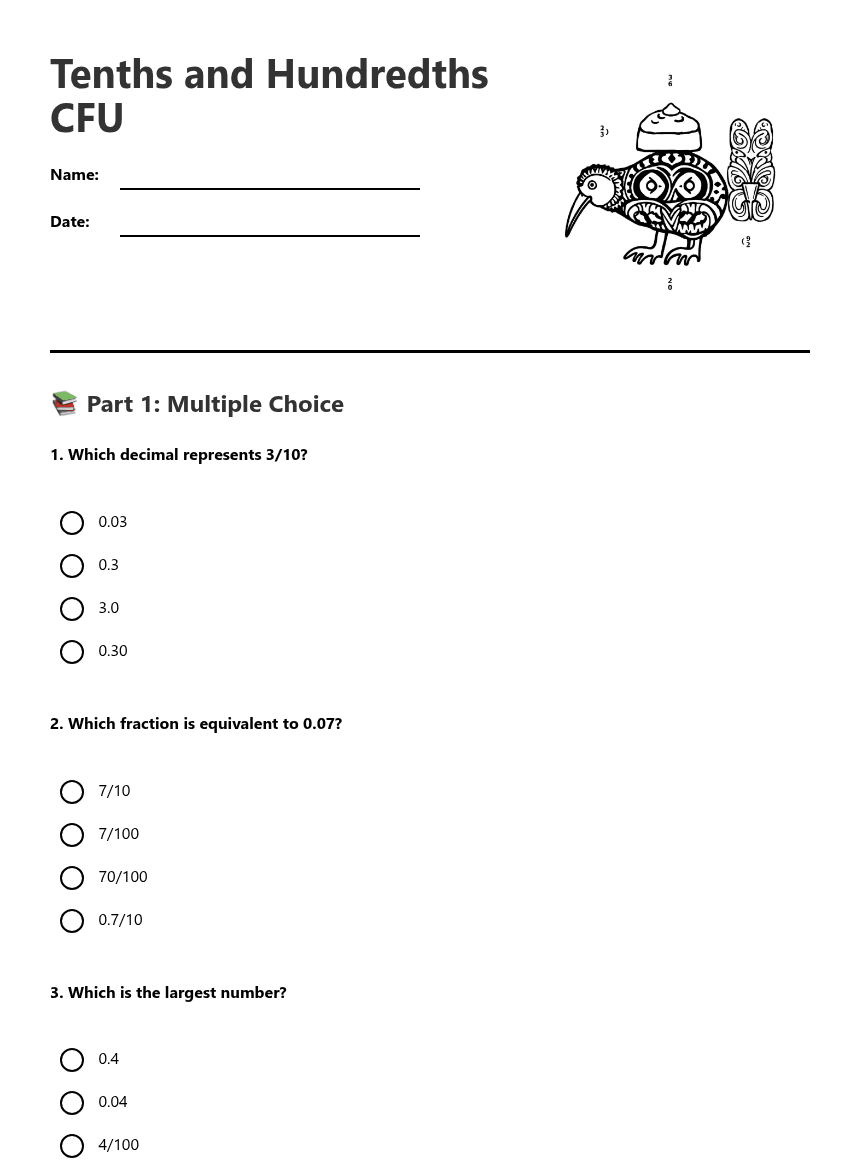 Tenths and Hundredths CFU worksheet preview
