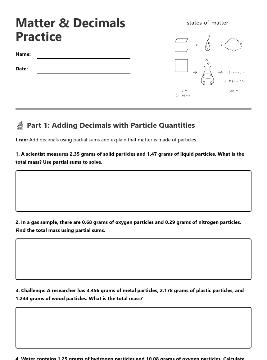 Matter & Decimals Practice worksheet preview