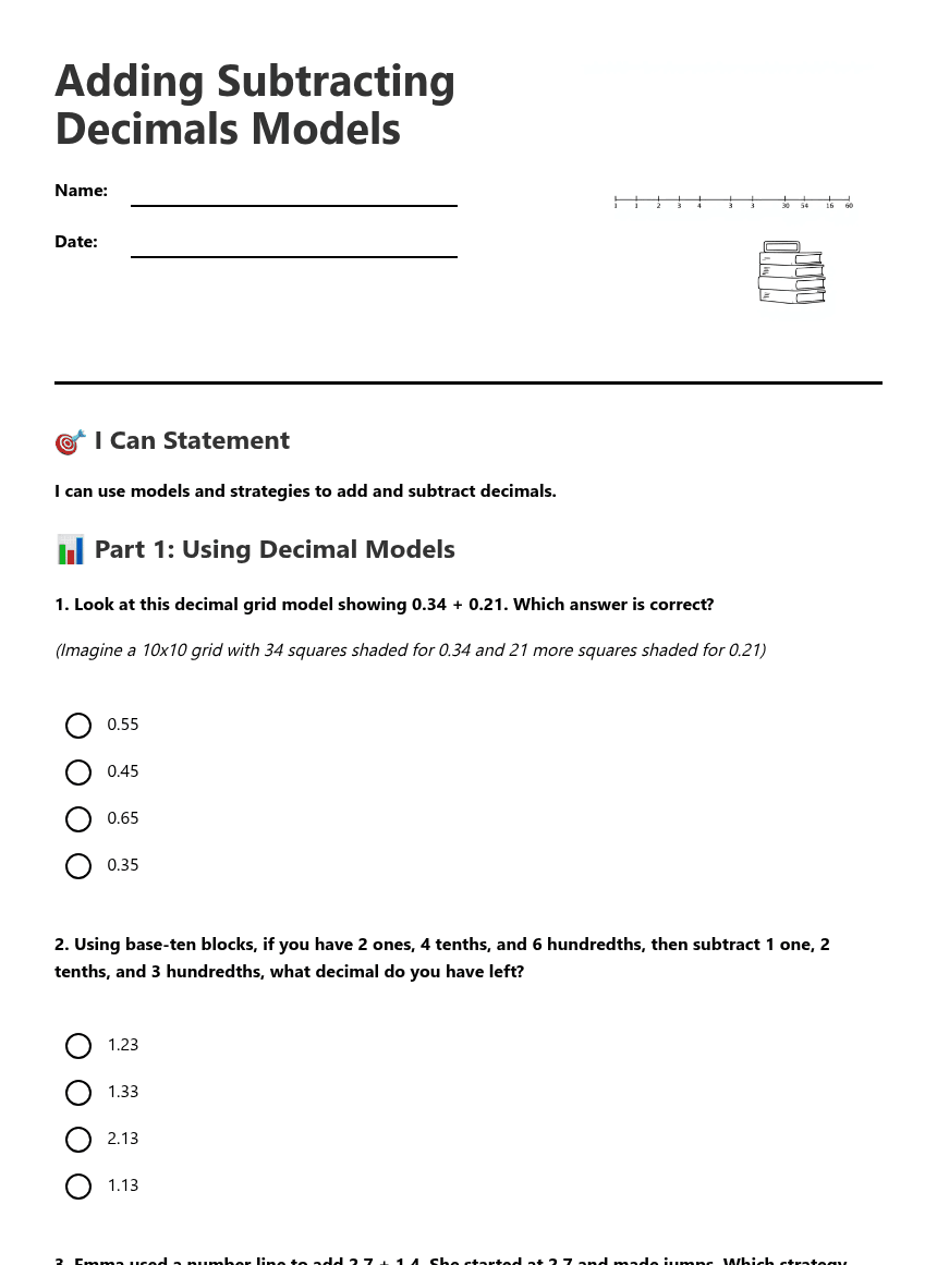 Adding Subtracting Decimals Models worksheet preview