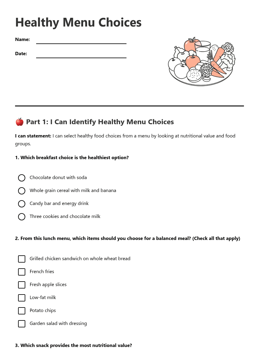 Healthy Menu Choices worksheet preview