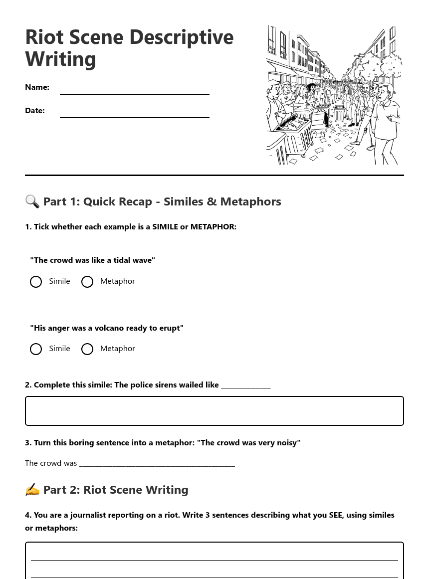 Riot Scene Descriptive Writing worksheet preview