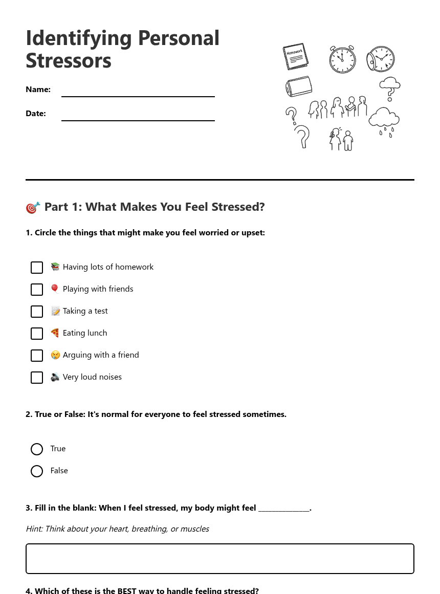 Identifying Personal Stressors worksheet preview