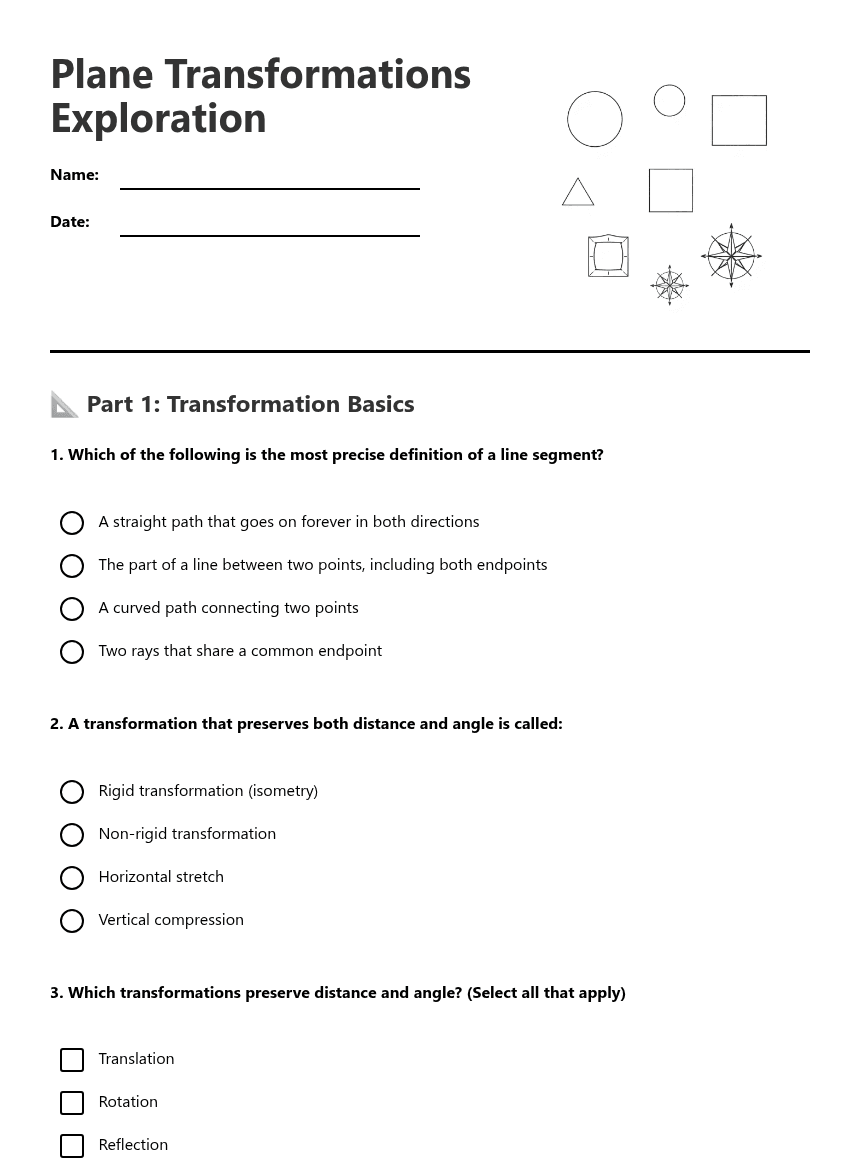 Plane Transformations Exploration worksheet preview