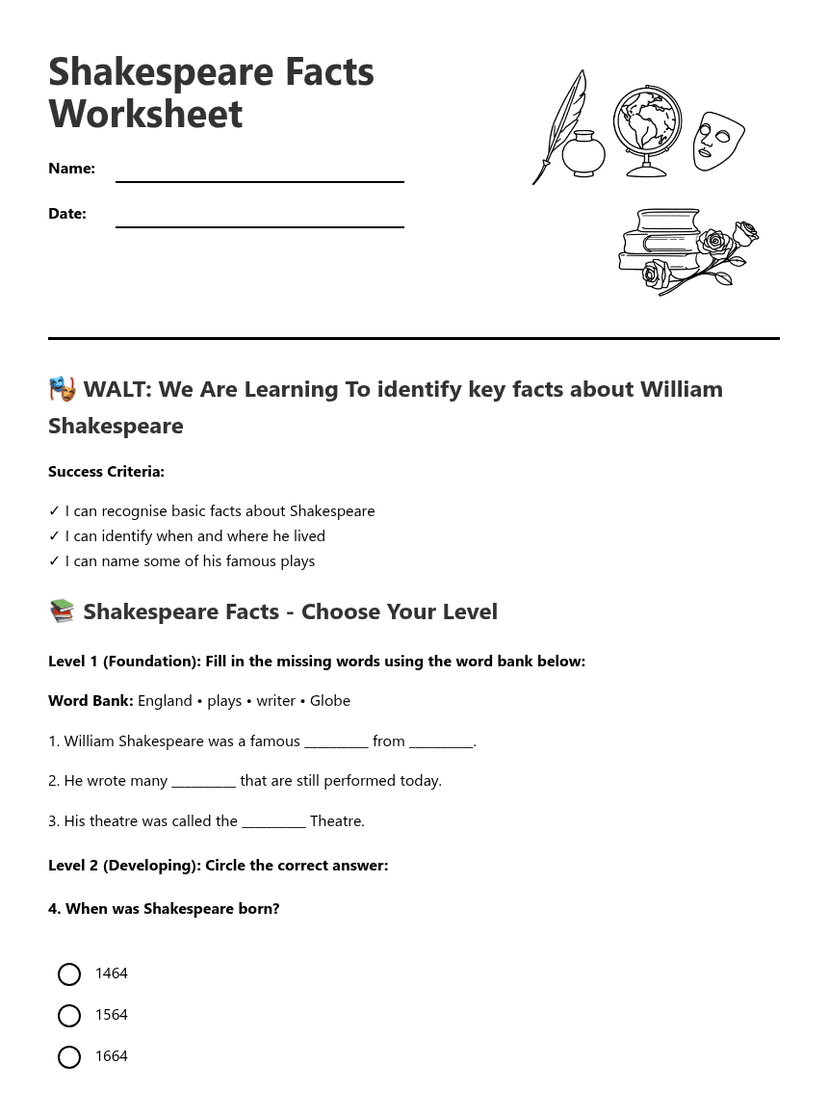 Shakespeare Facts Worksheet