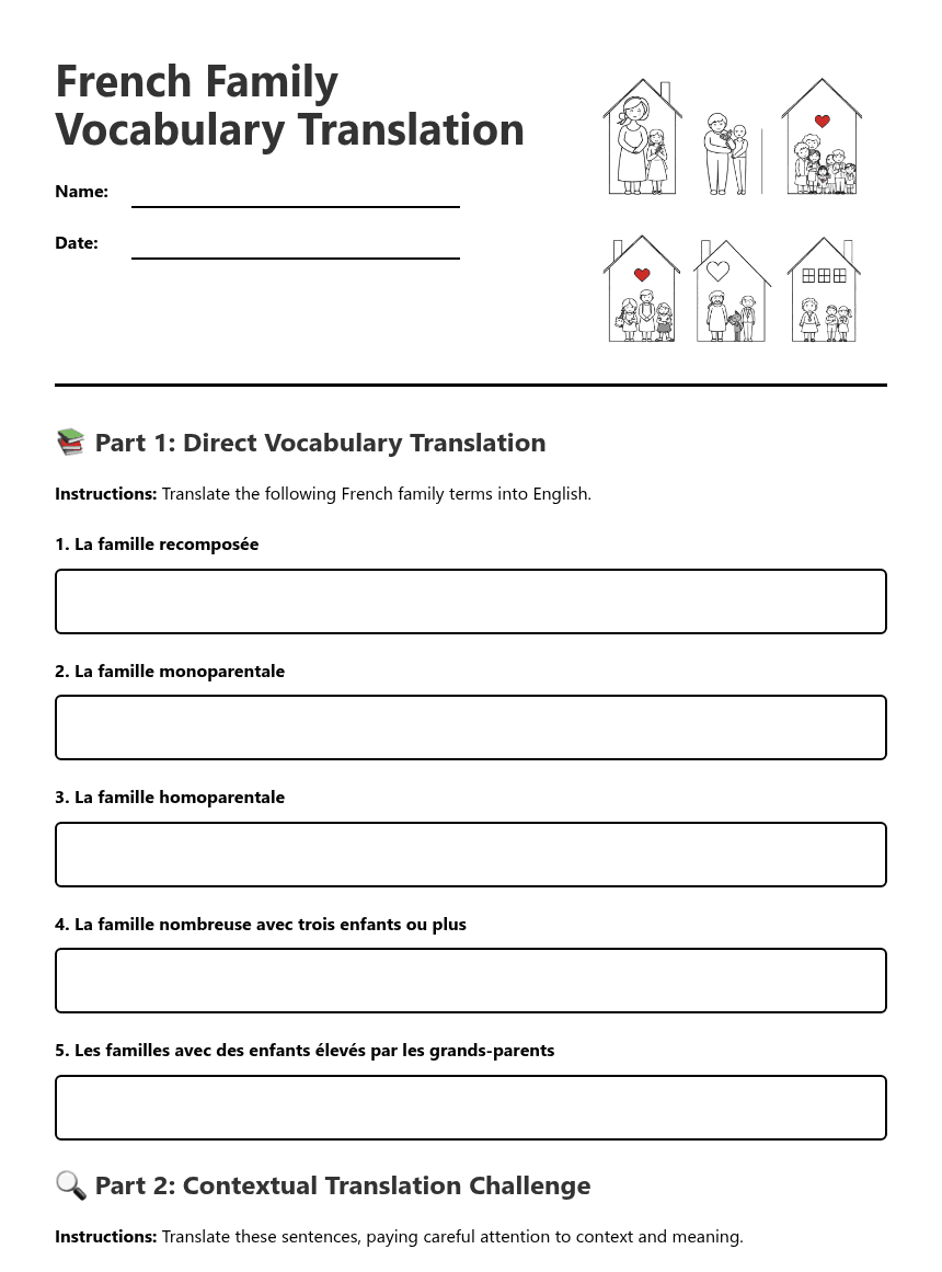 French Family Vocabulary Translation worksheet preview