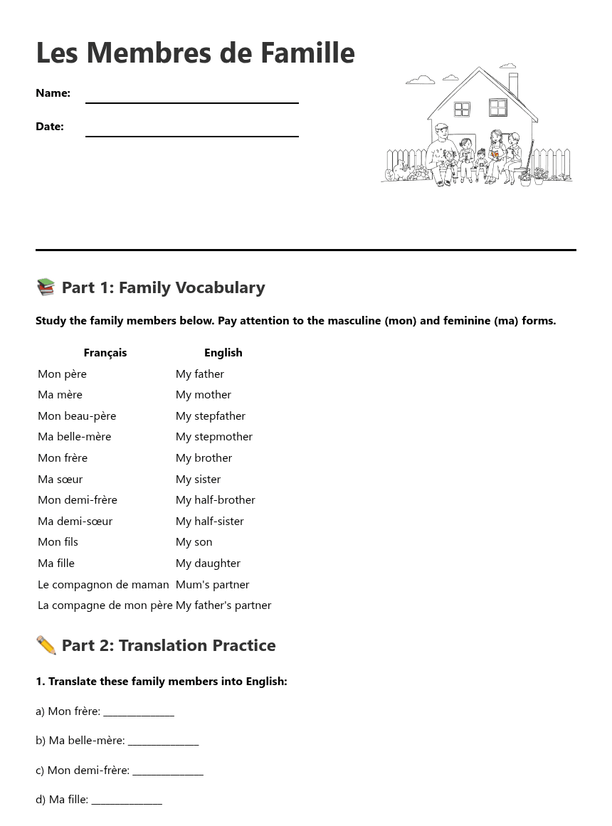 Les Membres de Famille worksheet preview