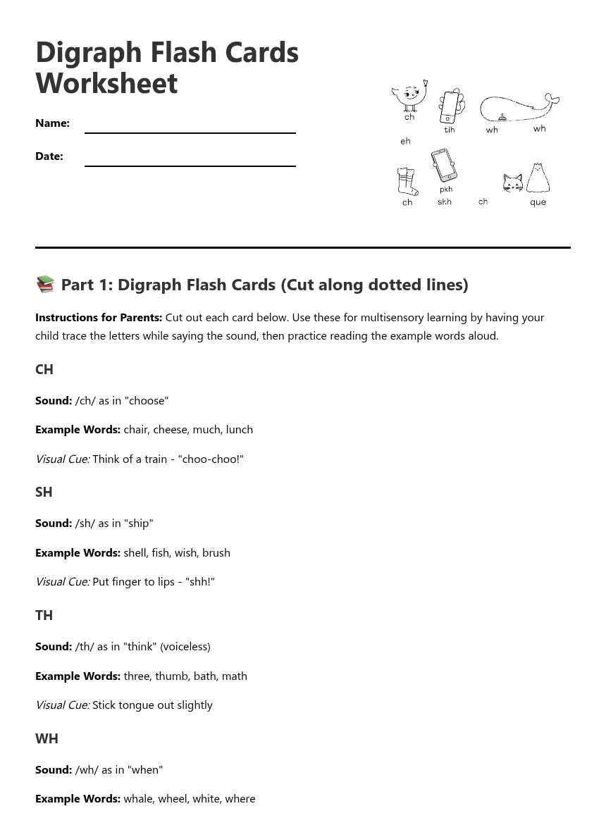 Digraph Flash Cards Worksheet worksheet preview