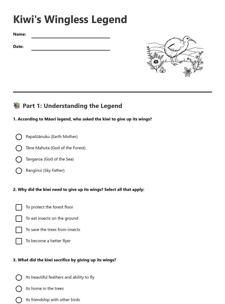Kiwi's Wingless Legend worksheet preview