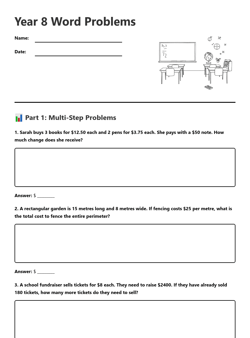 Year 8 Word Problems worksheet preview