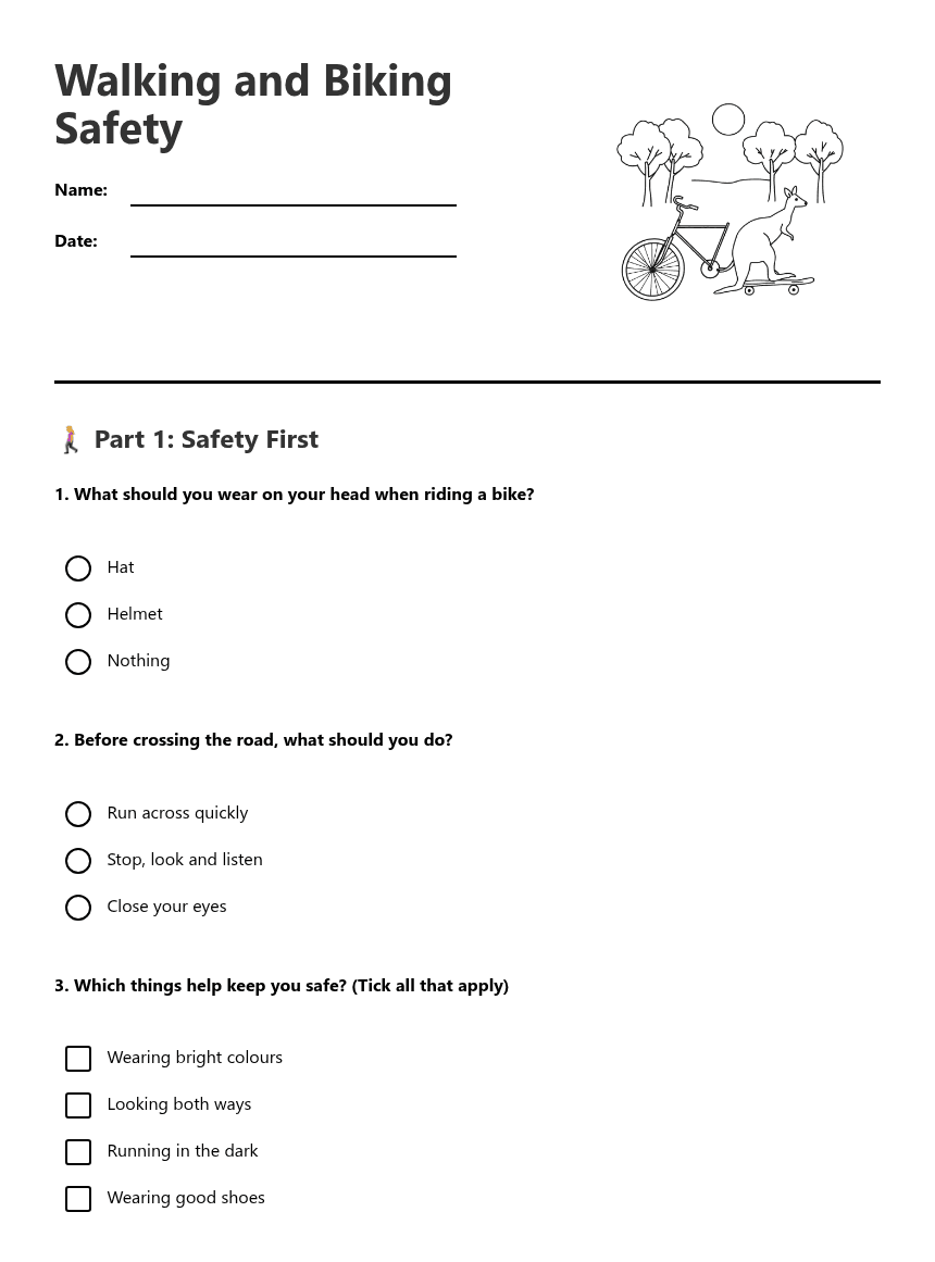 Walking and Biking Safety worksheet preview