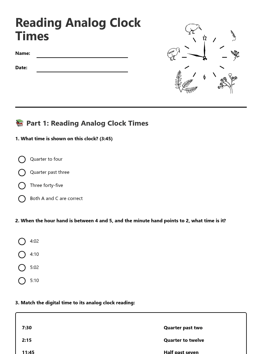 Reading Analog Clock Times worksheet preview