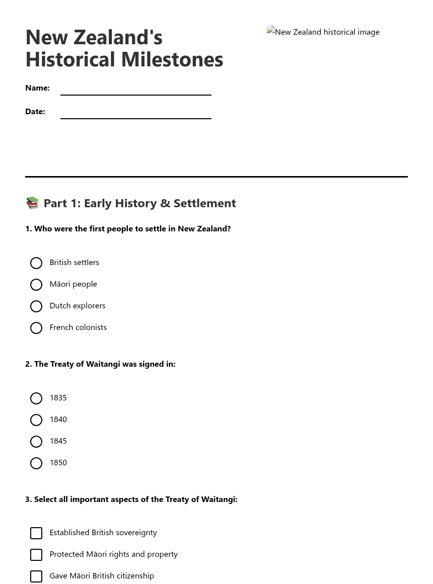 New Zealand's Historical Milestones worksheet preview