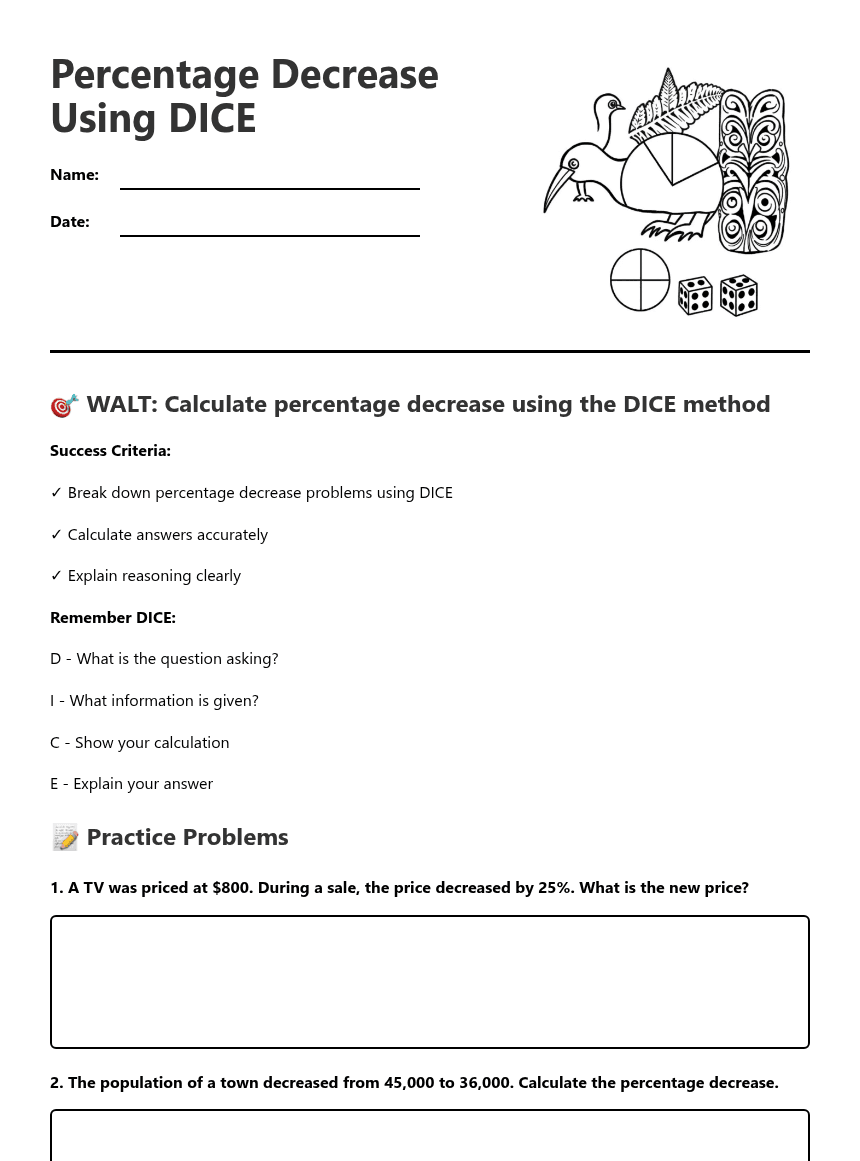 Percentage Decrease Using DICE worksheet preview