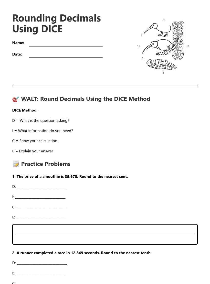 Rounding Decimals Using DICE worksheet preview