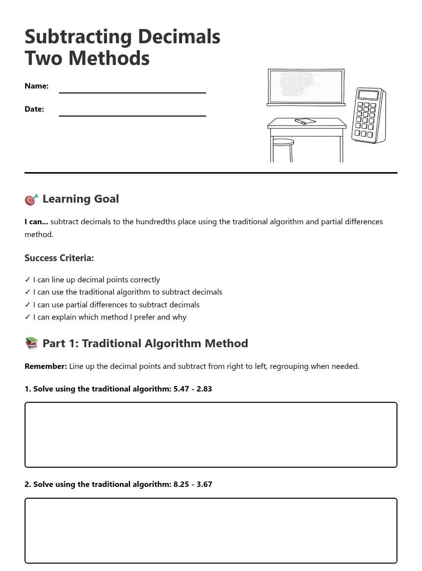 Subtracting Decimals Two Methods worksheet preview