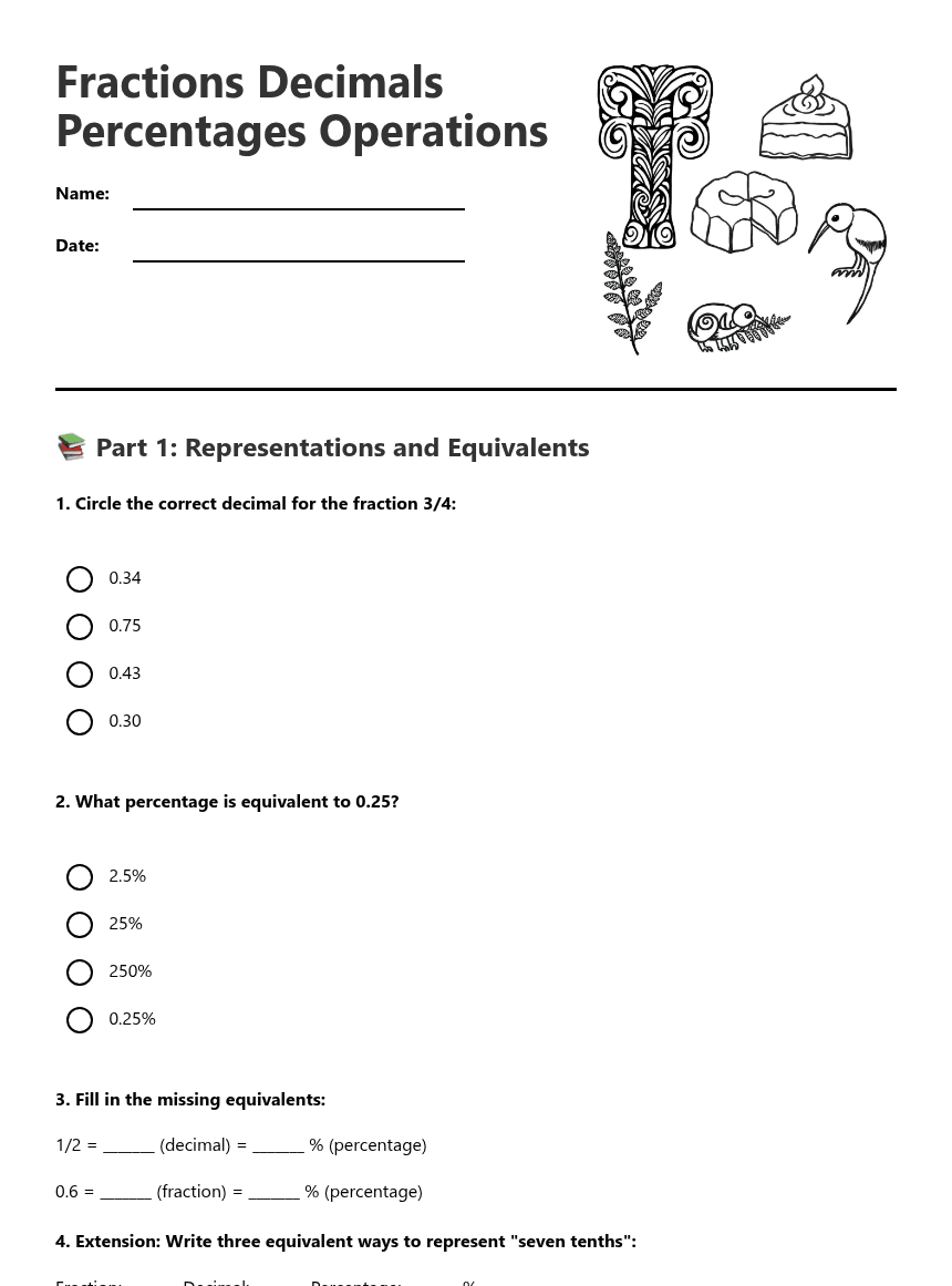 Fractions Decimals Percentages Operations worksheet preview