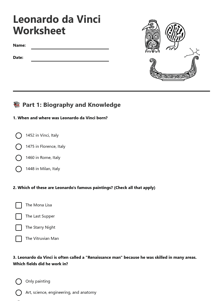 Leonardo da Vinci Worksheet worksheet preview