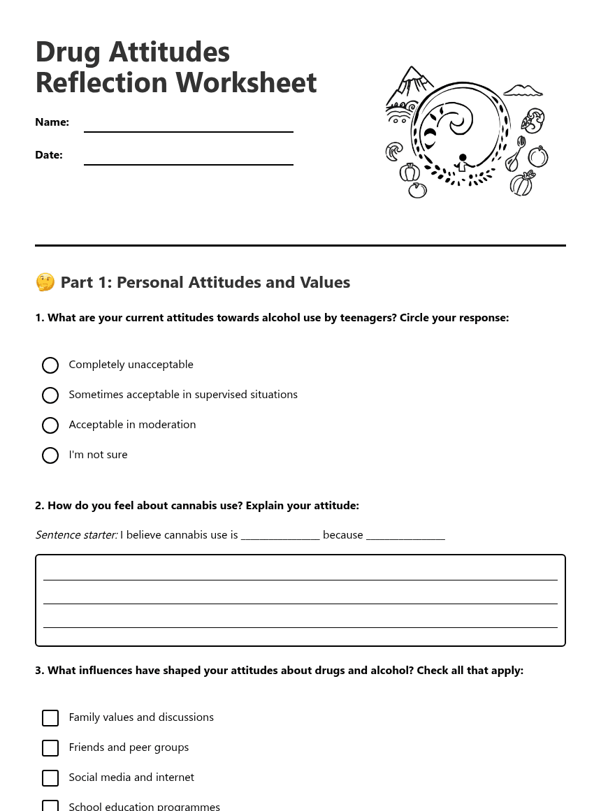 Drug Attitudes Reflection Worksheet worksheet preview