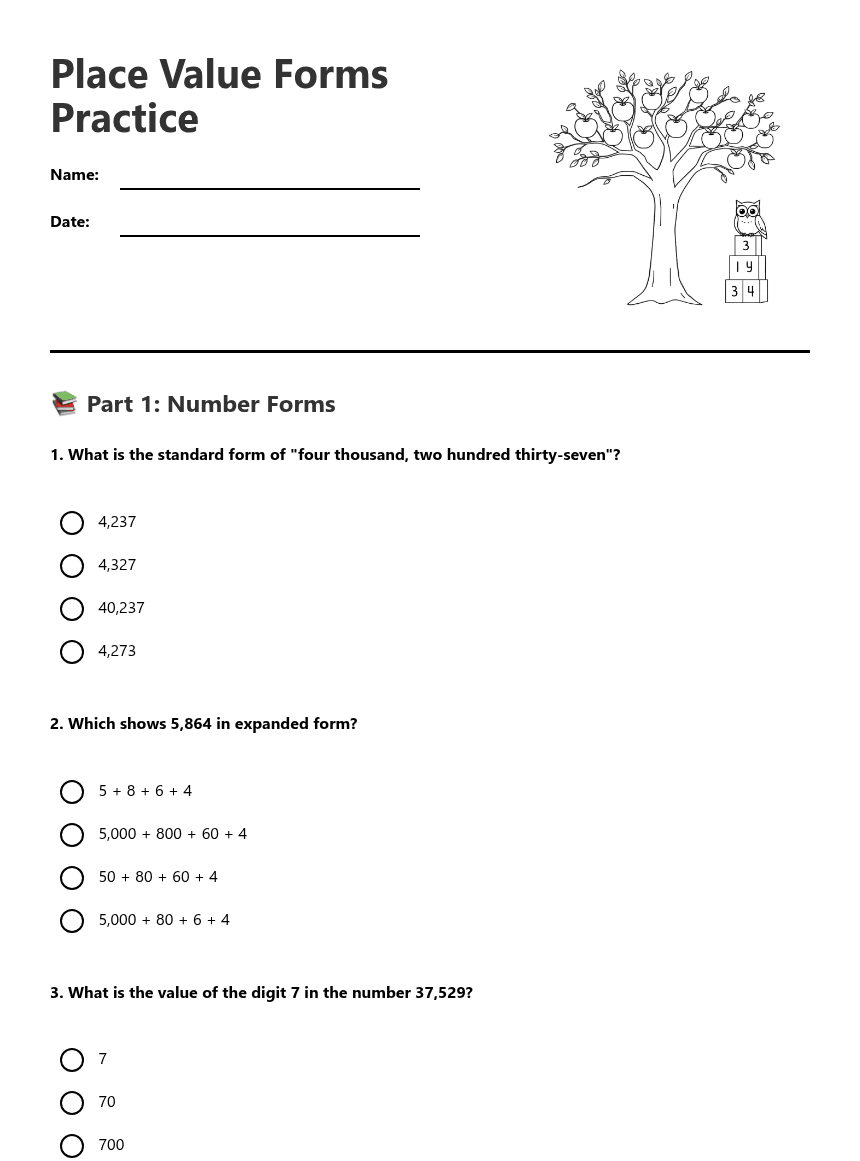 Place Value Forms Practice worksheet preview