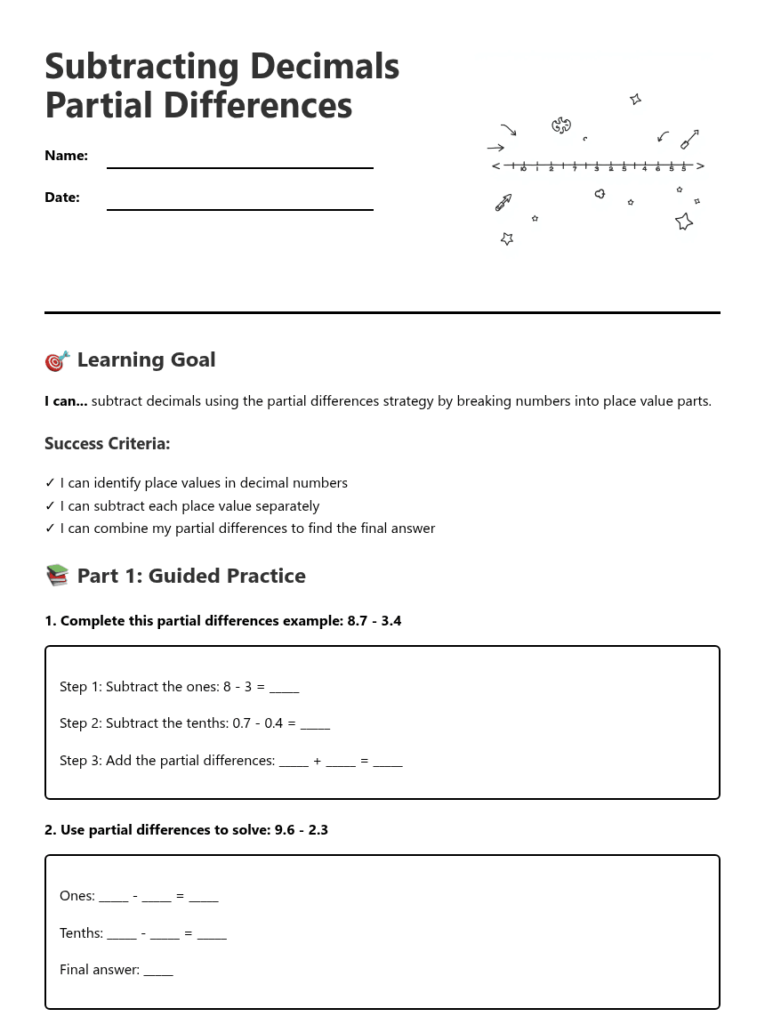 Subtracting Decimals Partial Differences worksheet preview