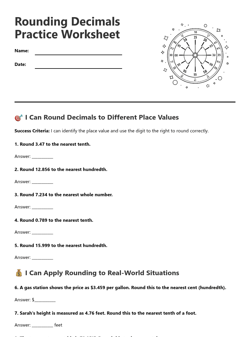 Rounding Decimals Practice Worksheet worksheet preview