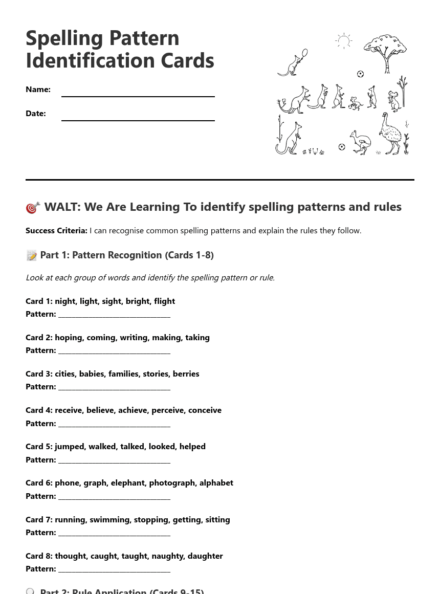 Spelling Pattern Identification Cards worksheet preview