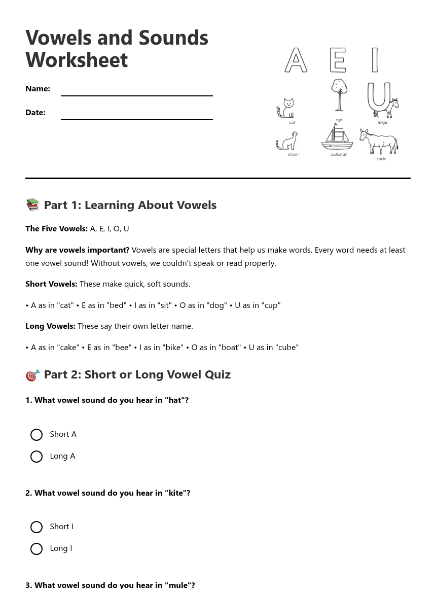 Vowels and Sounds Worksheet worksheet preview