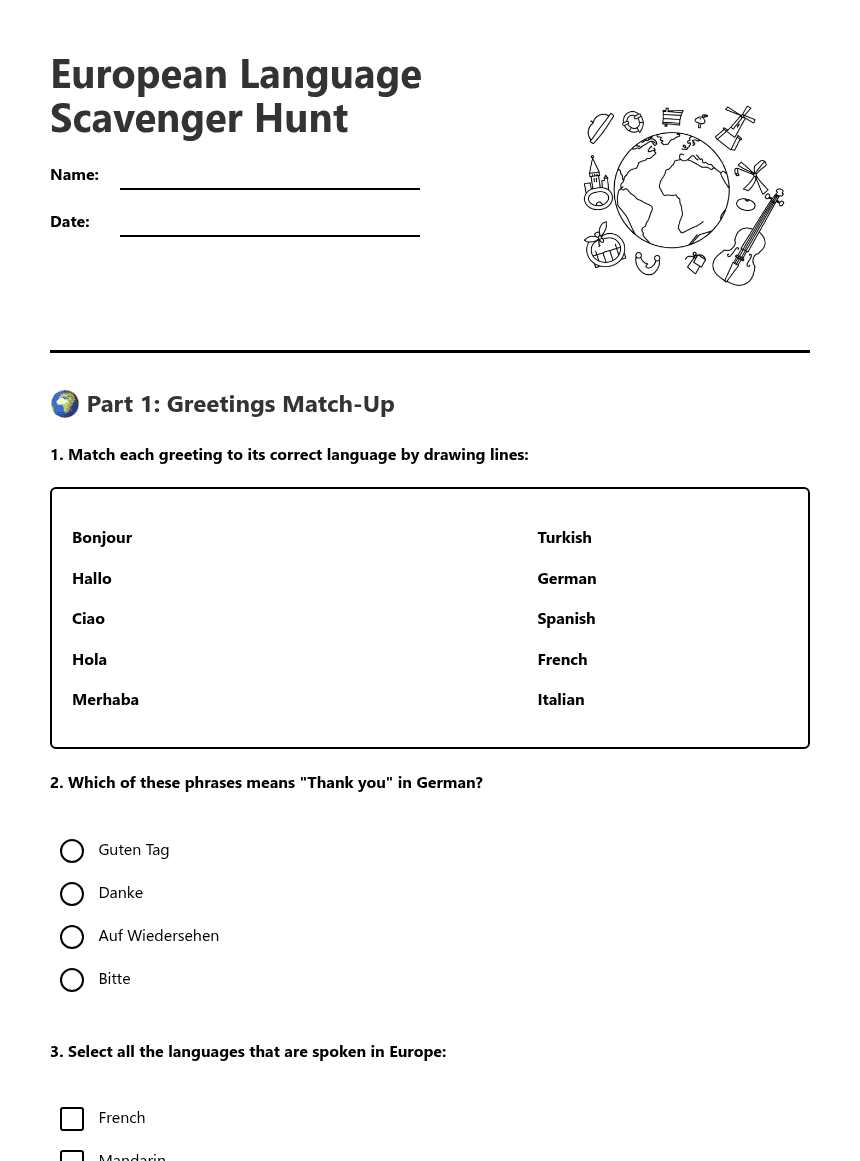 European Language Scavenger Hunt worksheet preview