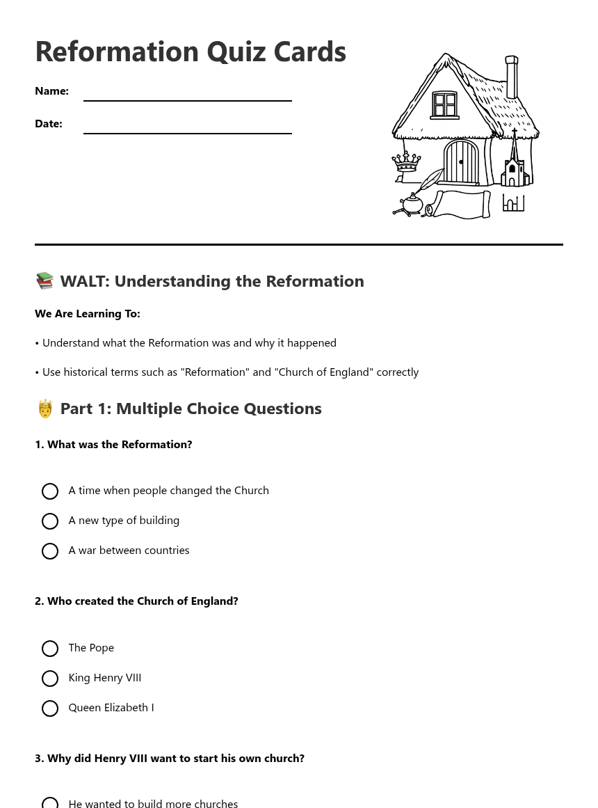 Reformation Quiz Cards worksheet preview