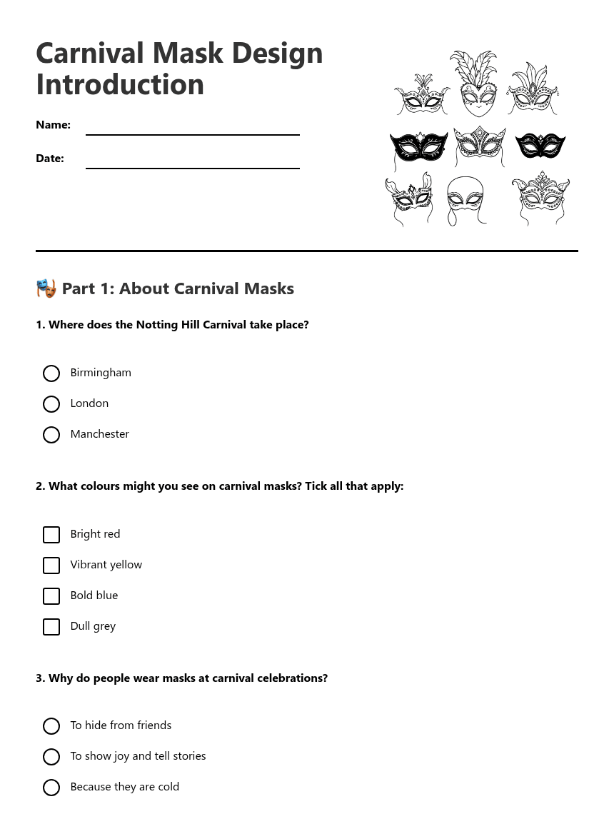 Carnival Mask Design Introduction worksheet preview