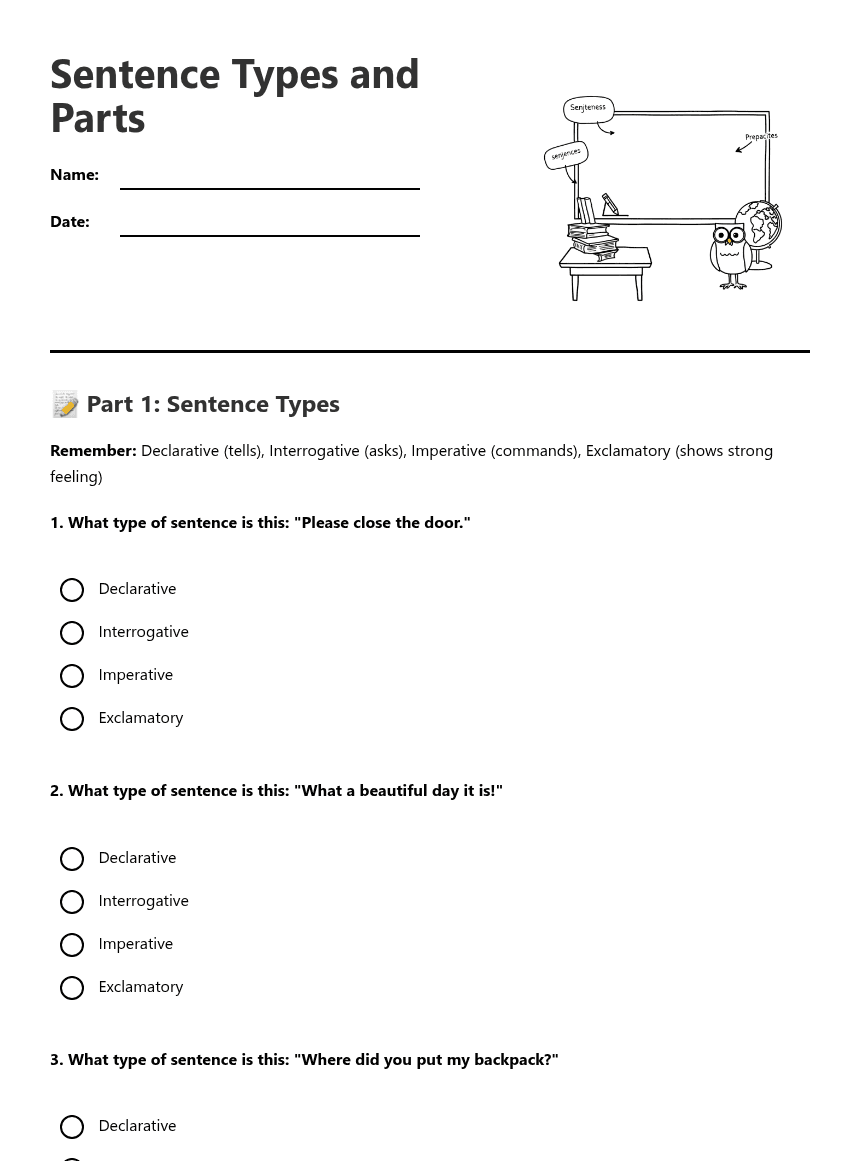 Sentence Types and Parts worksheet preview