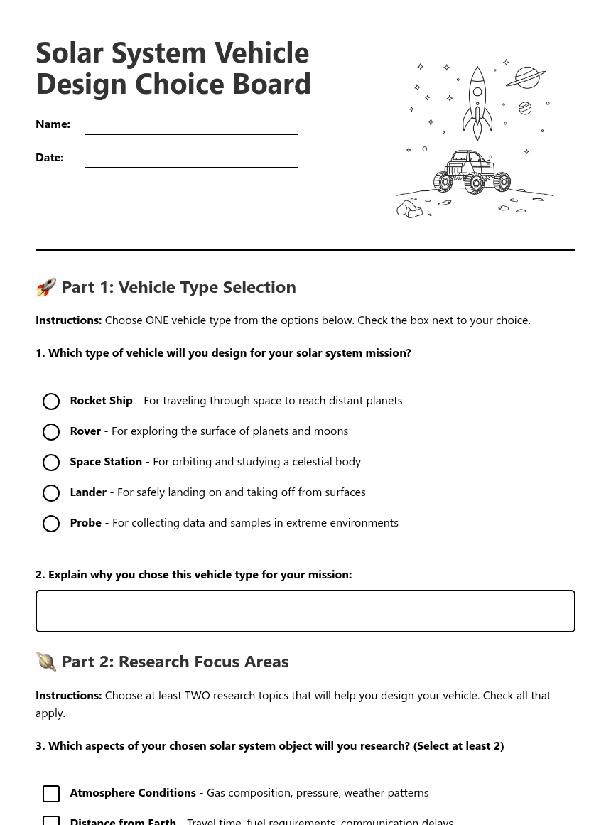 Solar System Vehicle Design worksheet preview